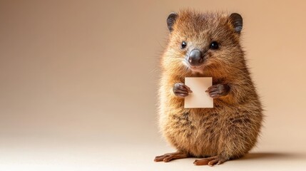Obraz premium Adorable Fluffy Brown Animal Holding Blank White Card Against Beige Background
