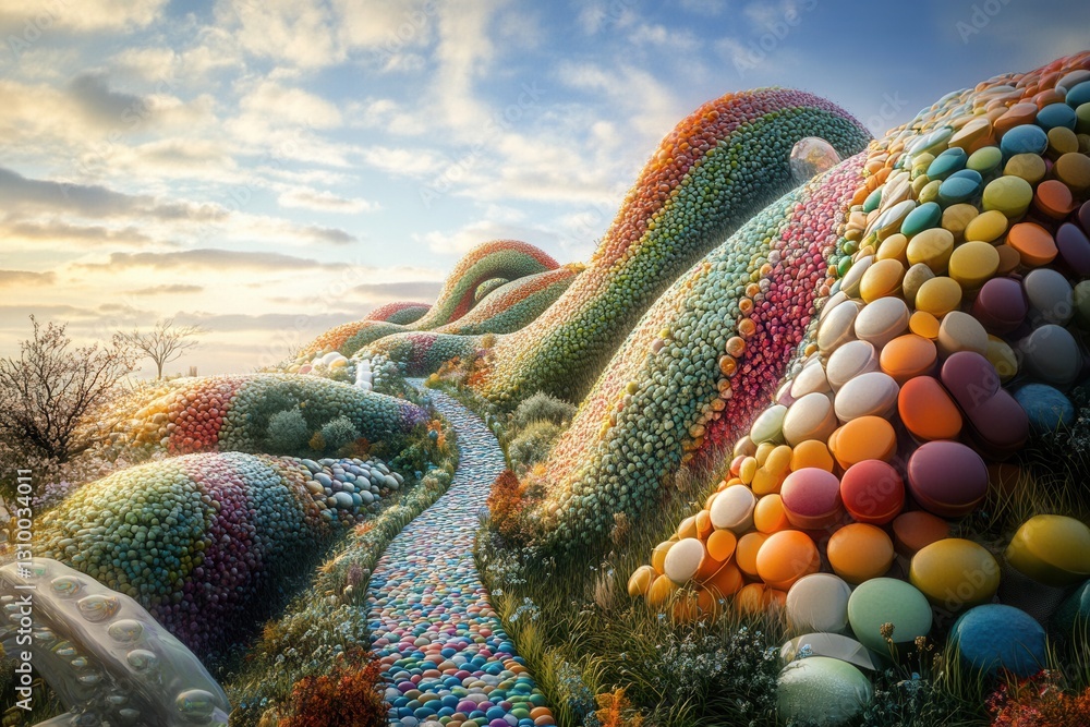 Poster surreal landscape of colorful pill structures bathed in dreamlike lighting with intricate fantasy de