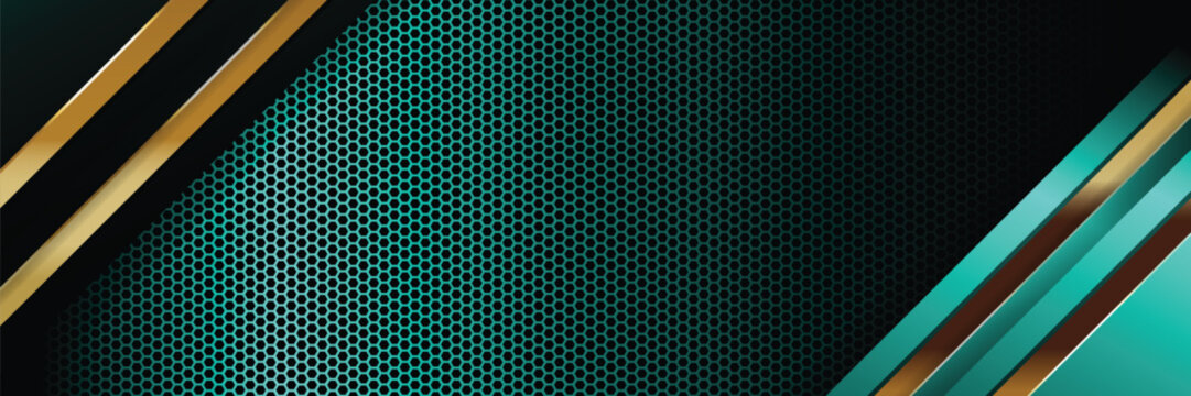 Teal, gold diagonal stripes on mesh; dark background; website banner