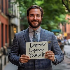 A smiling businessman holds a sign that says empower yourself