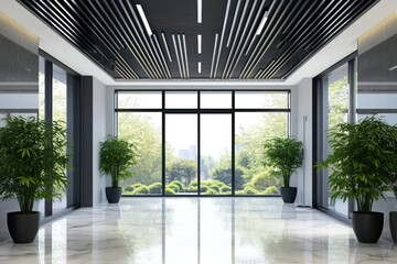 Modern office hallway with large windows and city view