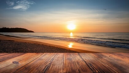 Rustic Empty Table Podium on Beach Seaside amidst Sunset Glow, showcasing the natural beauty and warmth of a coastal setting, perfect for digital art, home decor, or design inspiration.