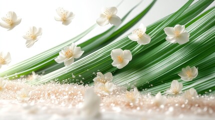 Falling jasmine, palm leaves, beach, spa ad