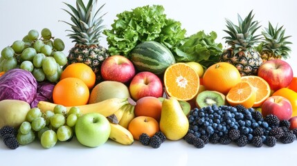 Colorful fruit and vegetable arrangement, healthy eating, white background, food photography, stock image