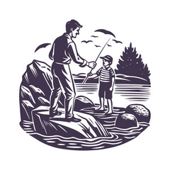 Father and Kids Fishing Silhouette Clipart Illustration isolated on a White Background