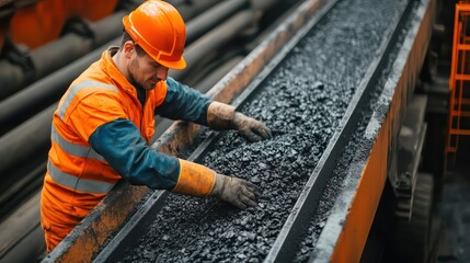 Worker Inspecting Coal Conveyor Belt in Factory