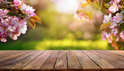 Vibrant Crabapple Blossoms Against a Rustic Table Setting Amidst Blurred Greenery and Soft Spring Lighting