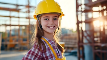 A joyful young girl, donning a bright yellow helmet, is having a wonderful time exploring a bustling construction site as the golden hour casts a warm glow around her