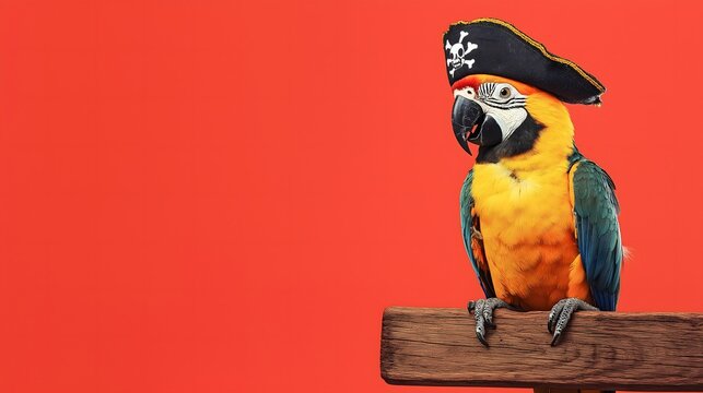A cheerful parrot, proudly wearing a playful pirate hat, is perched atop a rustic wooden post set against a vivid red backdrop, creating a lively scene