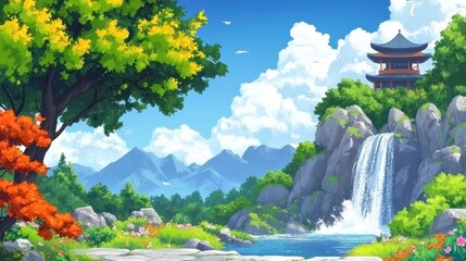 Serene Waterfall & Pagoda: Animated Landscape with Mountains, Lush Trees, and Tranquil Pool