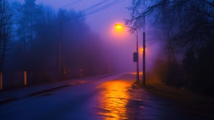 Misty Night Road with Streetlamp