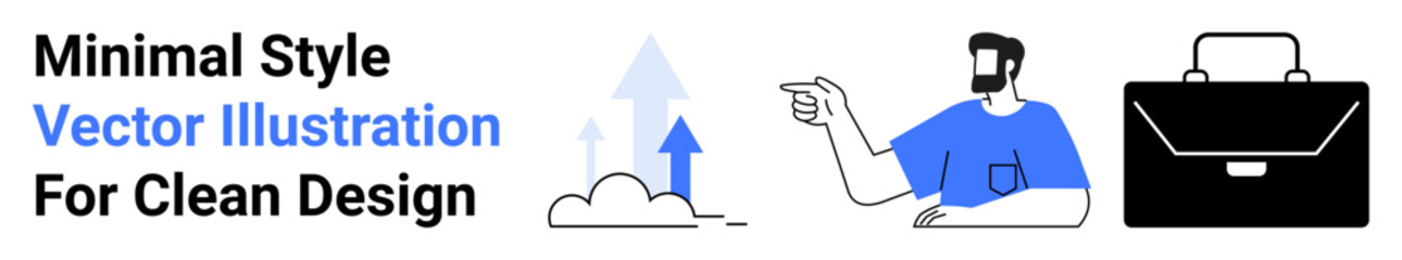 Man pointing towards growth arrows above clouds and a classic briefcase. Ideal for business, career growth, corporate goals, marketing, strategy, entrepreneurship, flat landing page banner