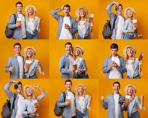 Obraz premium Two enthusiastic travelers take joyful selfies and share their excitement while sipping drinks. Their vibrant expressions highlight a carefree holiday spirit against a bright background.