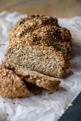 Homemade soda bread with flax seeds flour, keto diet.