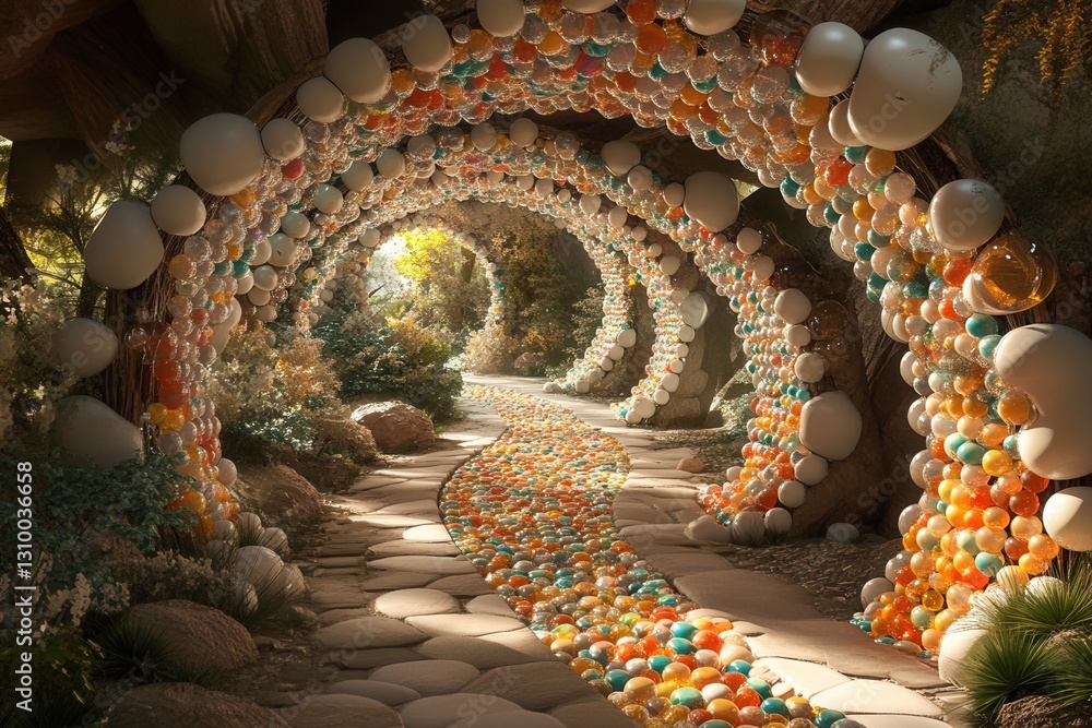 Poster surreal landscape of colorful pill structures creating dreamlike pathways in a fantasy realm with in