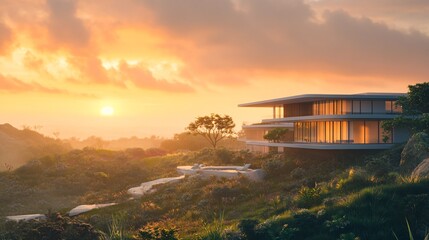 Tranquil Sunrise with Sustainable Building