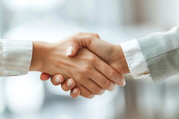 Teamwork and cooperation as woman shakes hands with partner in corporate setting