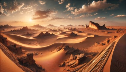 Naklejka premium Sun setting over majestic rock formations in the desert landscape