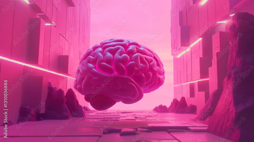 Aufkleber floating brain in futuristic pink environment. possible use for scientific or mind-related stock ima