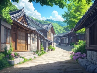 Obraz premium Traditional korean village street featuring buildings and a sunny landscape