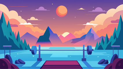 The virtual gym is set in a breathtaking landscape providing a serene atmosphere for the lifter to focus on their training.. Vector illustration