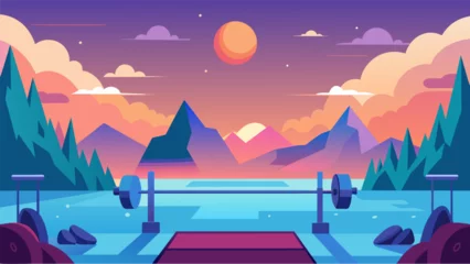Fototapete Rund The virtual gym is set in a breathtaking landscape providing a serene atmosphere for the lifter to focus on their training.. Vector illustration © Justlight