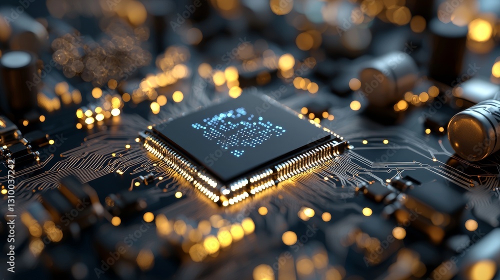 Poster modern chip gpu card with circuit blue neon lights, representing a concept cpu microchip for ai and 