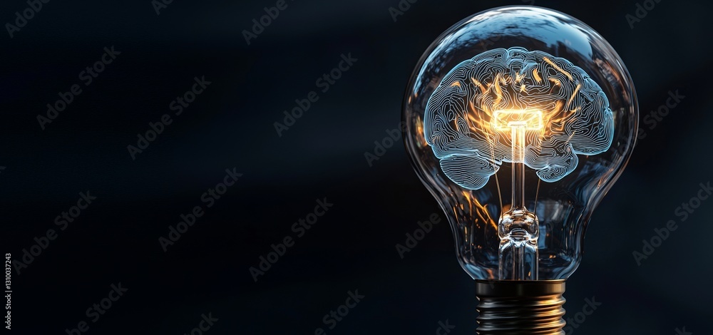 Poster a stock mockup featuring an illuminated light bulb with an internal circuit board, positioned on a d