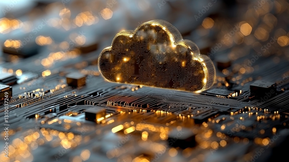 Poster cloud computing is represented by a blue cloud floating on top of a circuit board