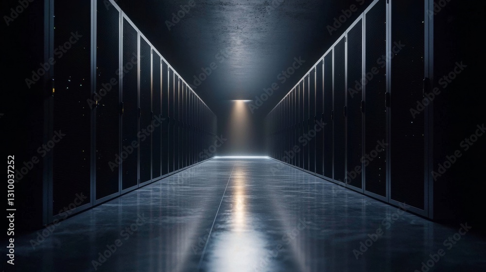 Poster a modern data technology center features server racks in a dark room with visual effects, illustrati