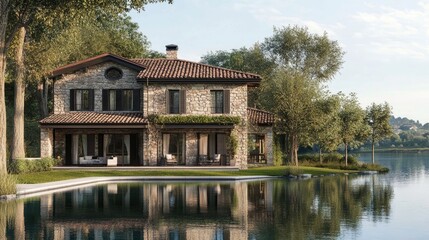 A charming lakeside villa with a rustic exterior, modern interiors, and tranquil reflective waters --ar 16:9 --v 6.1 Job ID: 82d8fa9c-4466-4de5-a1ef-615c69d5fcad
