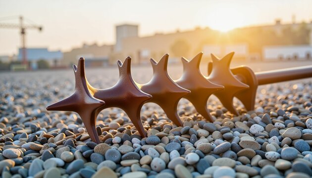 Rusty metal spiles on gravel at construction site, industrial aesthetics