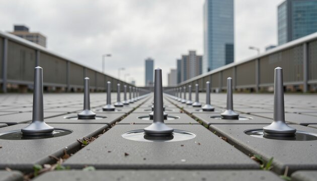 Rows of metal spiles on urban pavement under overcast skies, industrial design