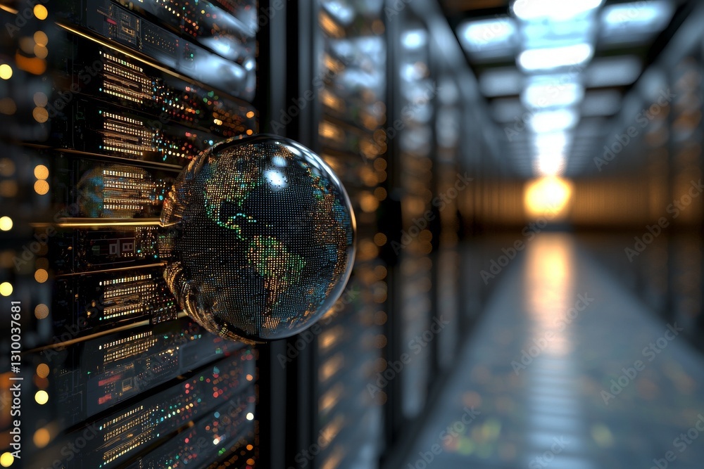 Poster the concept of networking communication technology is depicted in a server room with internet teleco