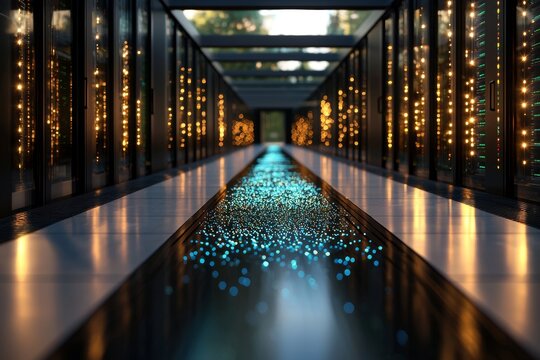 A data center's interior is characterized by an array of network and internet telecommunication equipment, embodying the concept of networking communication technology