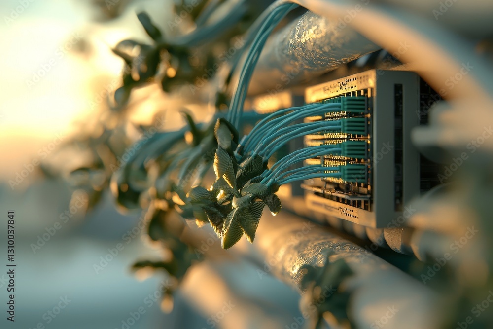 Poster a closeup view of a network switch device with green leds and blue ethernet cables, along with other
