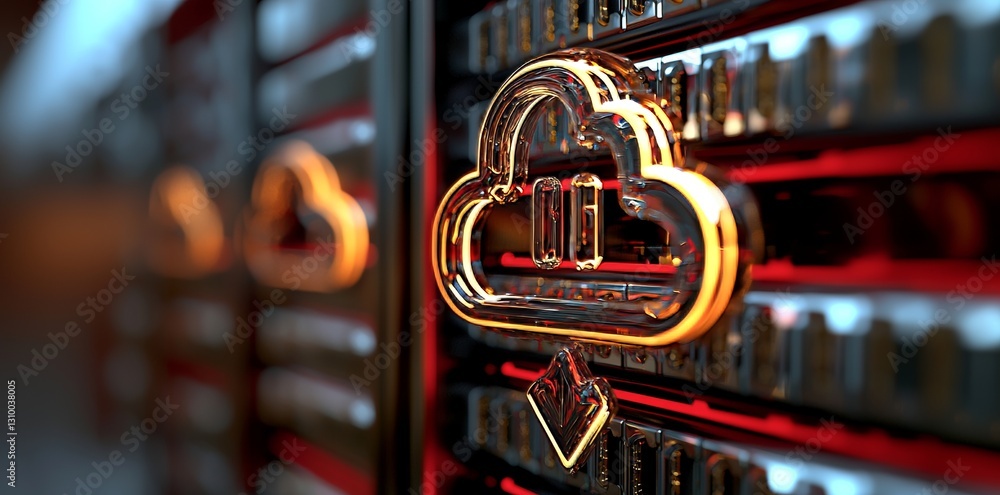 Poster a 3d rendering of a server room data center is depicted with a cloud blue icon