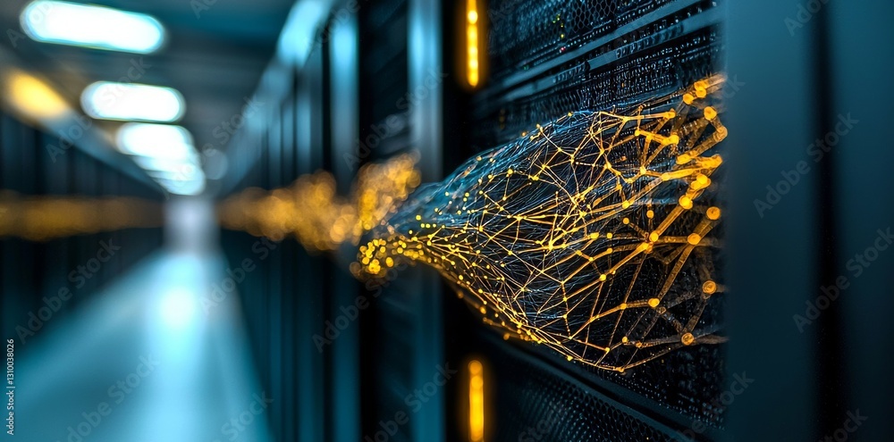 Aufkleber d rendering of an abstract network in a server room data center