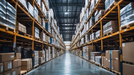 Fototapeta premium Wide shot of a storage warehouse filled with various packages and items on organized shelves during daylight
