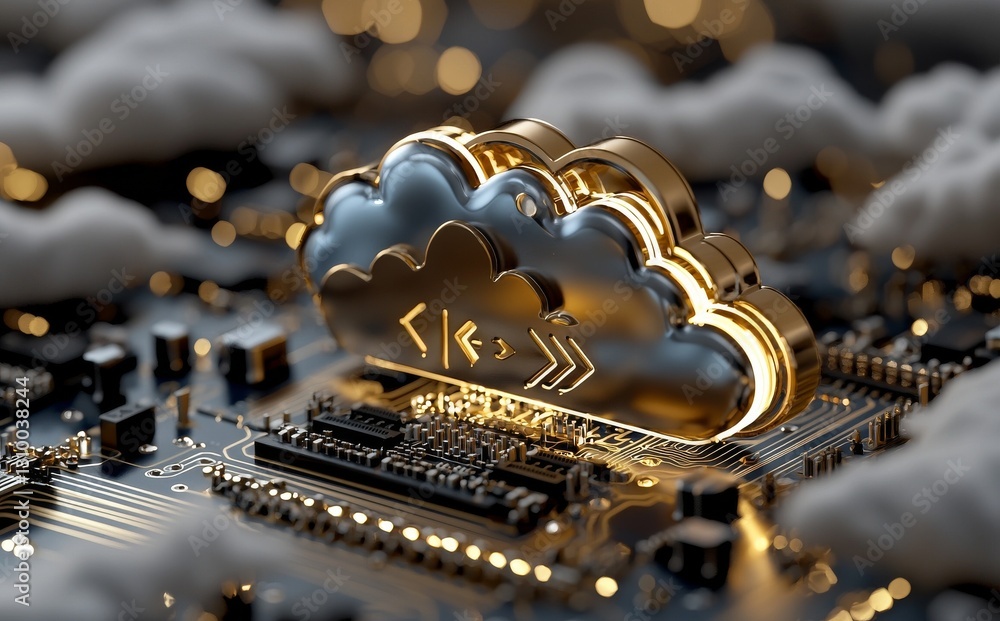Poster digital cloud storage/computing, focusing on 3d rendering graphics related to cloud technologies