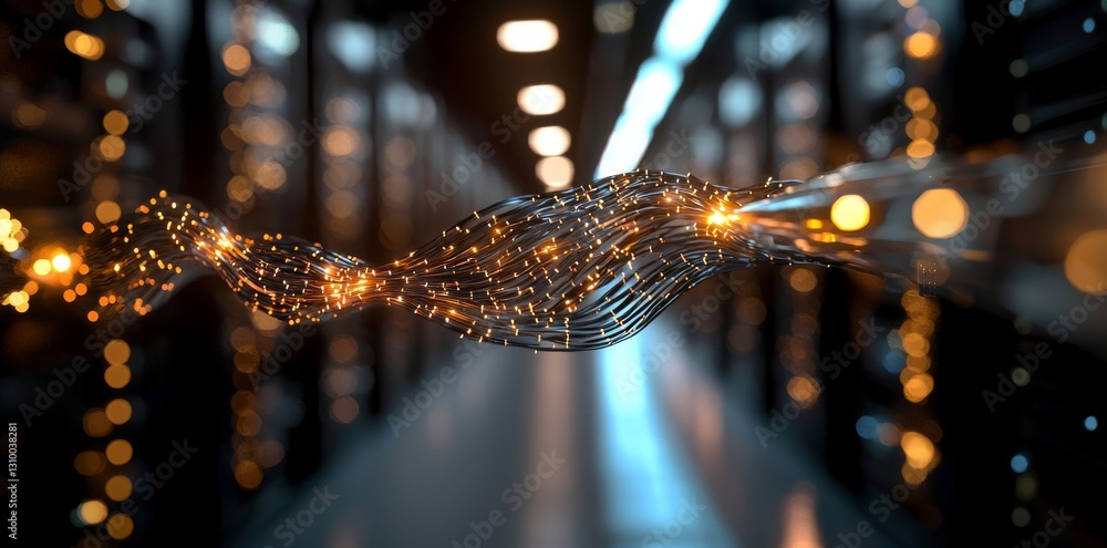 Poster a 3d rendering of a server room hub exchanging cyber data