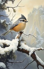Colorful Juniper Titmouse Bird Sitting on Twig