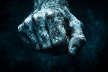 A weathered fist, clenched tight against a dark backdrop