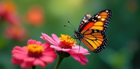 Fototapeta premium Butterflies sipping nectar from a colorful flower, flowers, insects, colors