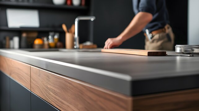 A skilled carpenter meticulously measures a kitchen countertop as part of an extensive modern home renovation project