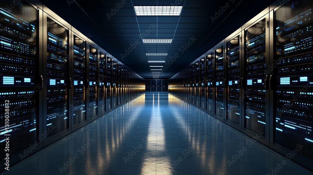 Poster visual representation of a working data center corridor packed with rack servers and supercomputers,
