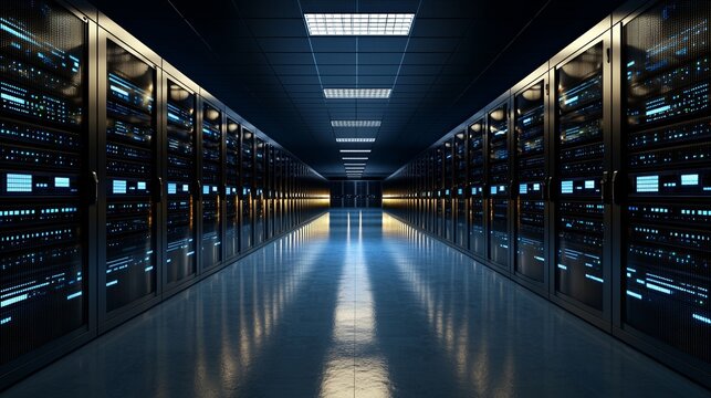 Visual representation of a working data center corridor packed with rack servers and supercomputers, illustrating cloud storage advantages through icons