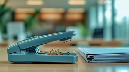 Side Perspective of a Stapler and Paper Clips on the Far Left Side of a Neat Office Desk with a Blurred Office Background and Spacious Right Area for Text or Messages copy space