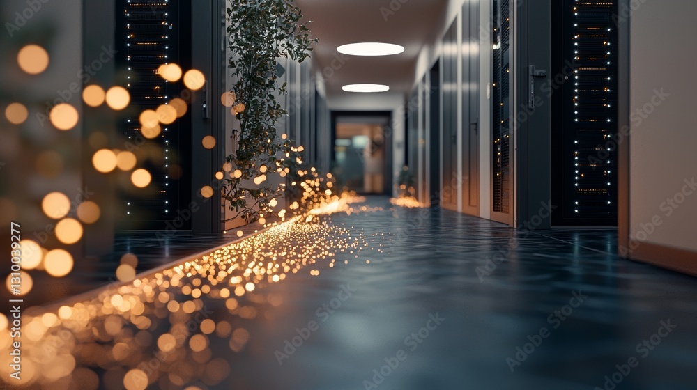 Poster rows of rack servers in a working data center are connected with lines visualizing lan connections