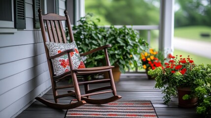 Wooden rocking chair on a porch with flowers